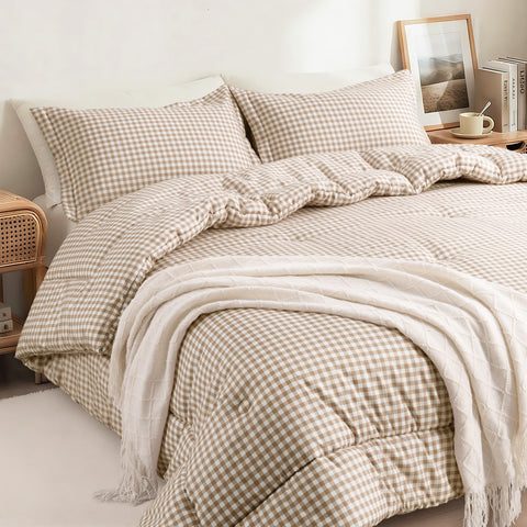 SunNewt Queen Comforter Set in tan plaid offers year-round warmth and breathability.