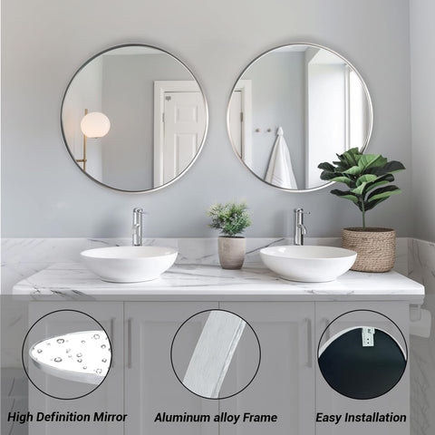 Sunniry brushed metal frame circle mirror offers durable, rust-resistant elegance for bath or foyer