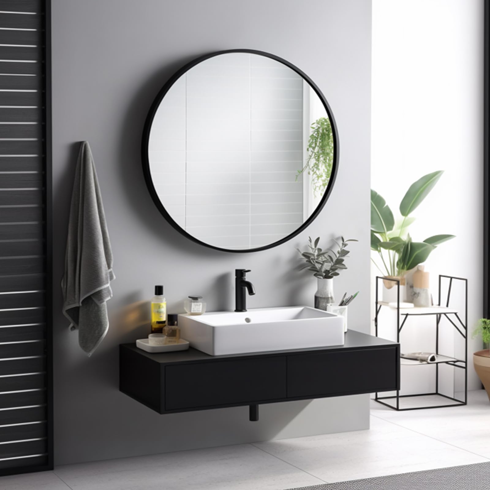 Sunniry circle bathroom mirror with metal frame for durable, rust-resistant use.