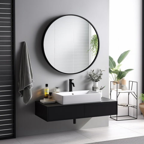 Sunniry circle bathroom mirror with metal frame for durable, rust-resistant use.