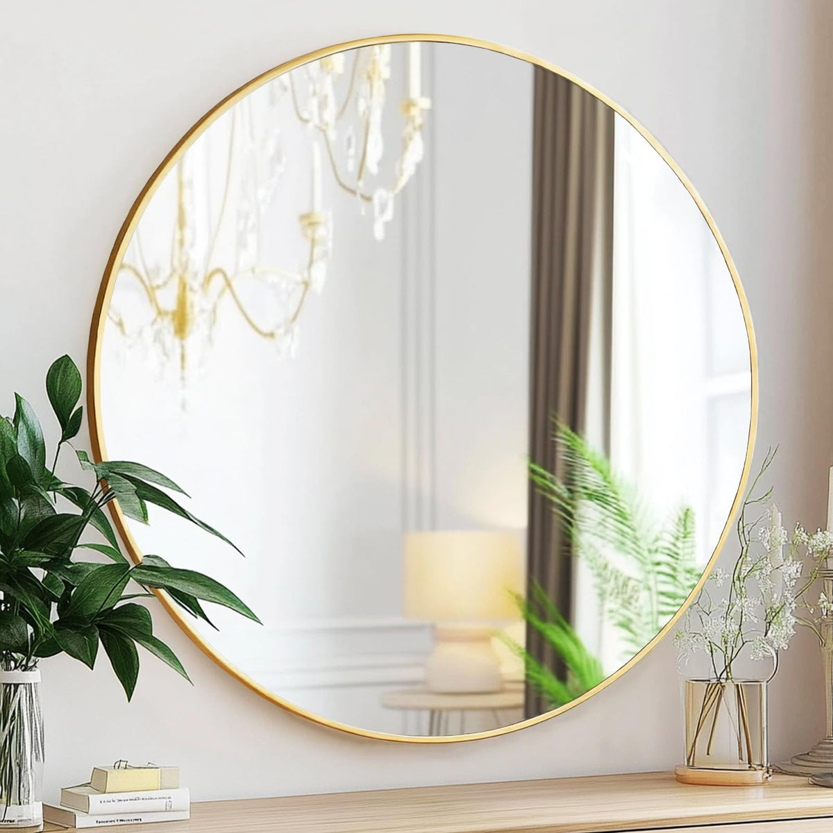 Sunniry Gold Round Mirror 24in front view enhances natural light in any room.
