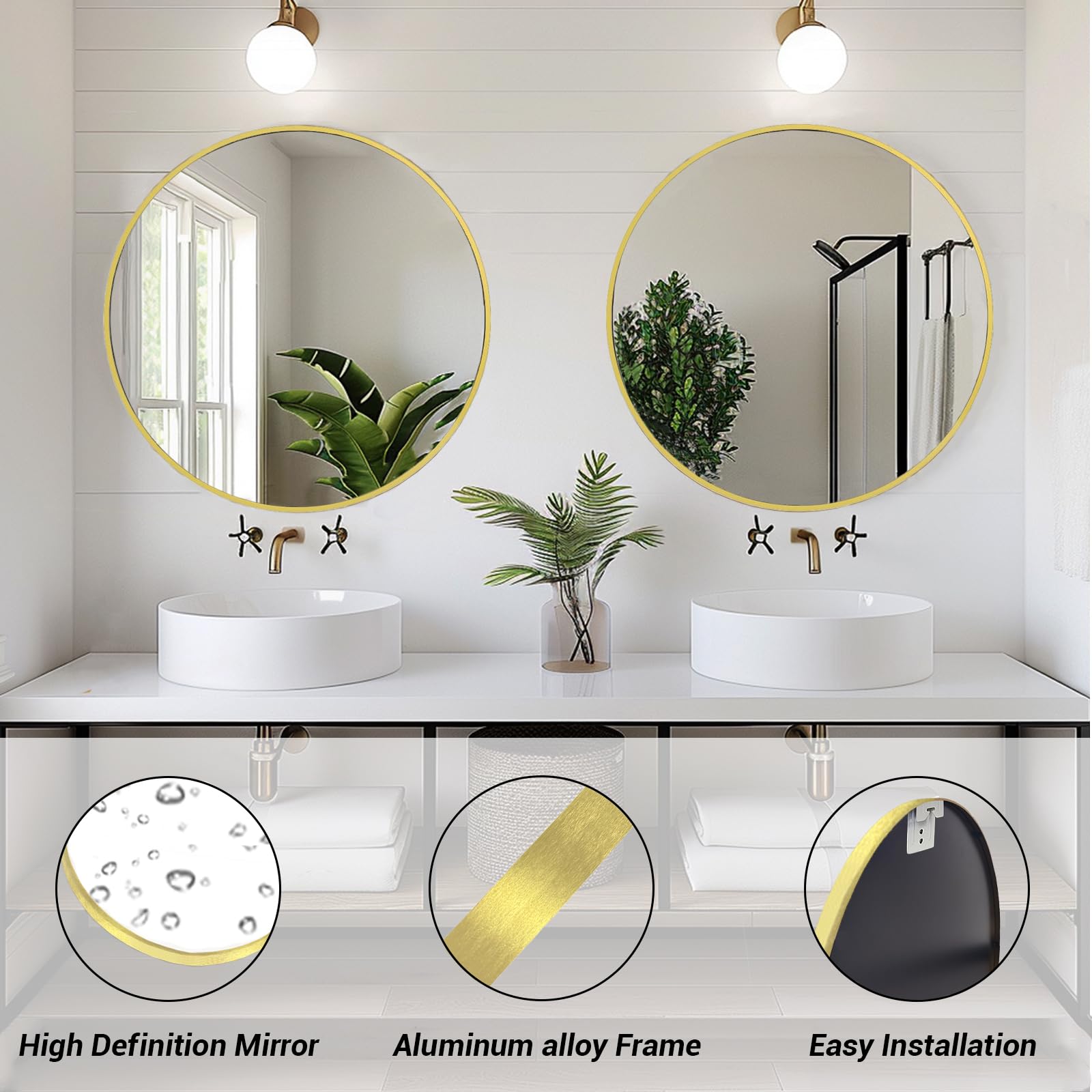 Sunniry Gold Round Mirror brushed-frame closeup shows durable, waterproof finish.