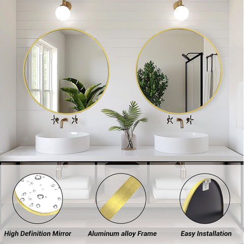 Sunniry Gold Round Mirror brushed-frame closeup shows durable, waterproof finish.