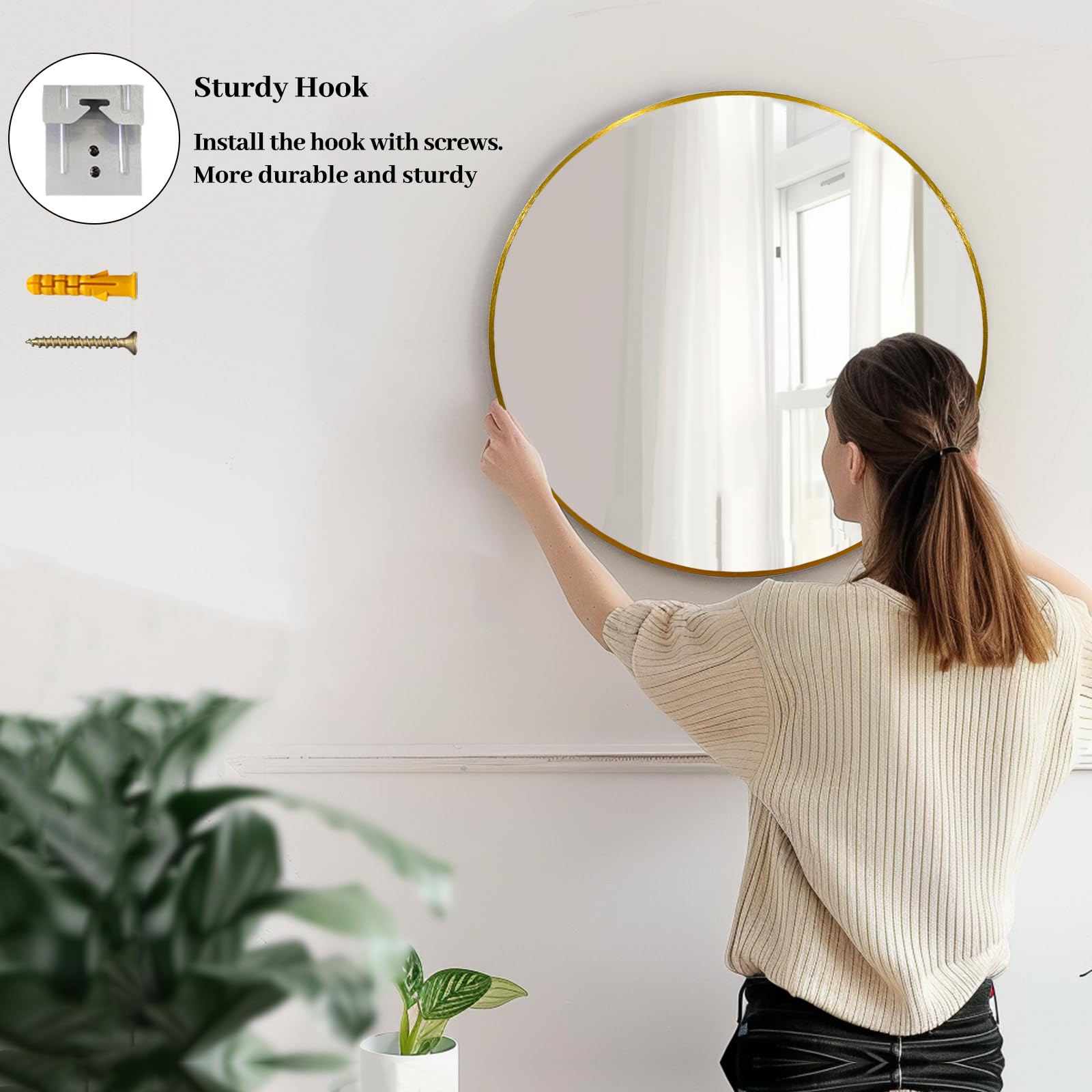 Sunniry Gold Round Mirror entryway setup with easy wall mounting.