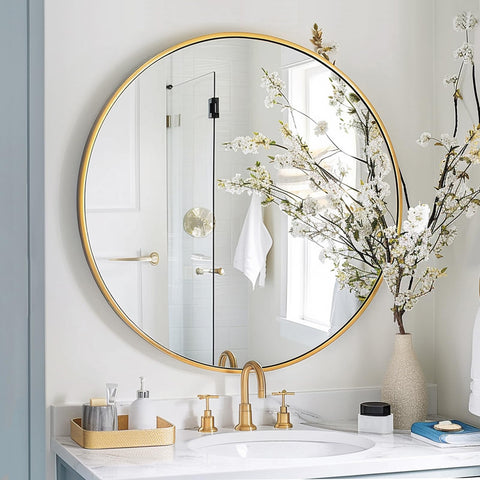 Sunniry Gold Round Mirror in living room or hallway elevates décor and brightness.