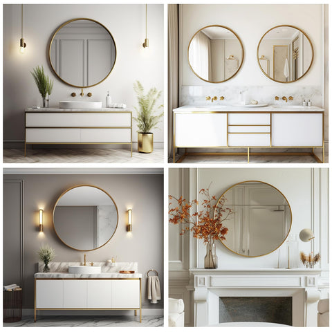 Sunniry Gold Round Mirror vanity use for makeup reflection and prep.