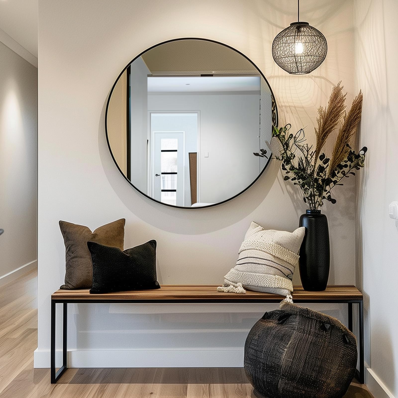 Sunniry round bathroom mirror with water-resistant frame for moisture-prone spaces.