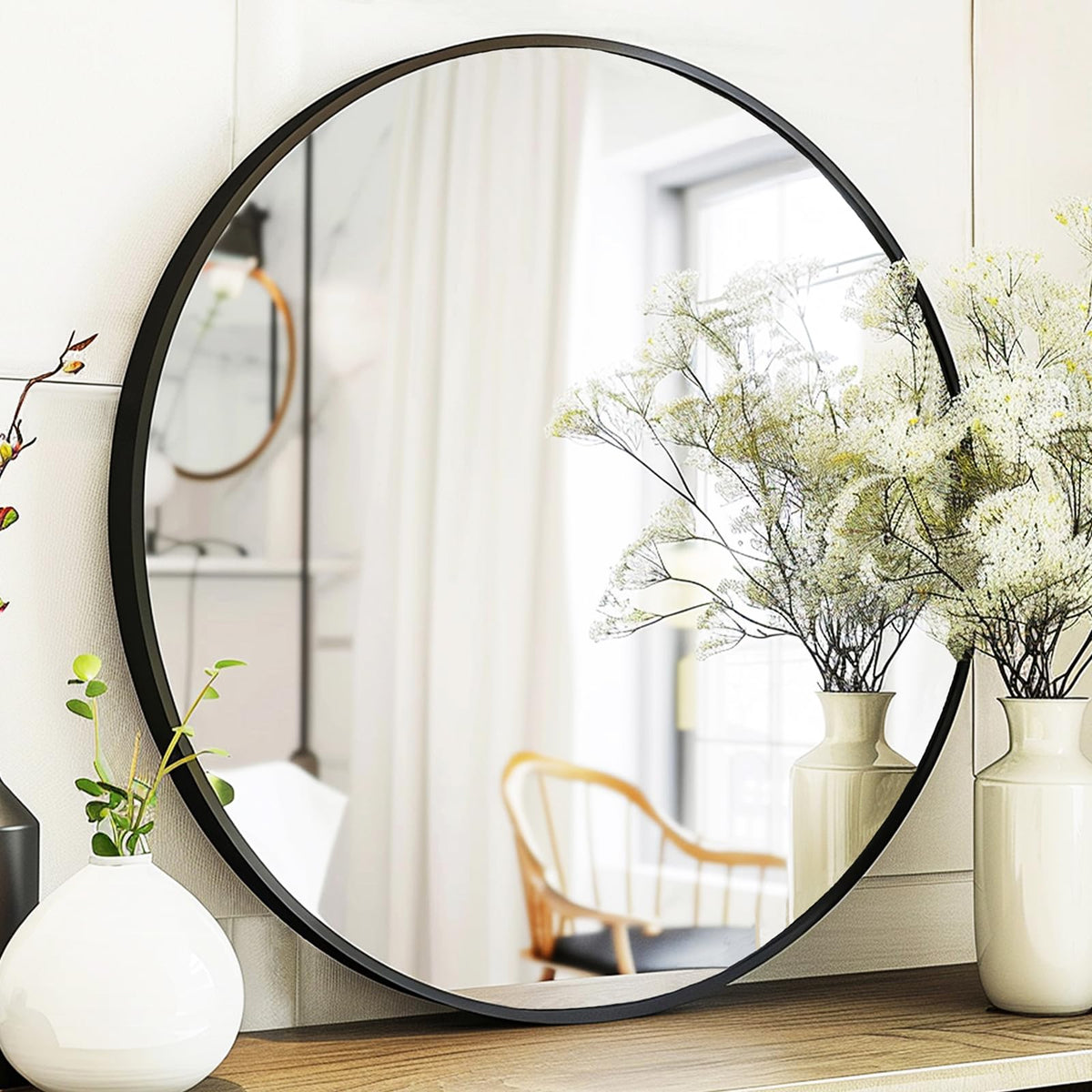 Sunniry round mirror 28 inch for precise reflections in the bathroom or entryway.