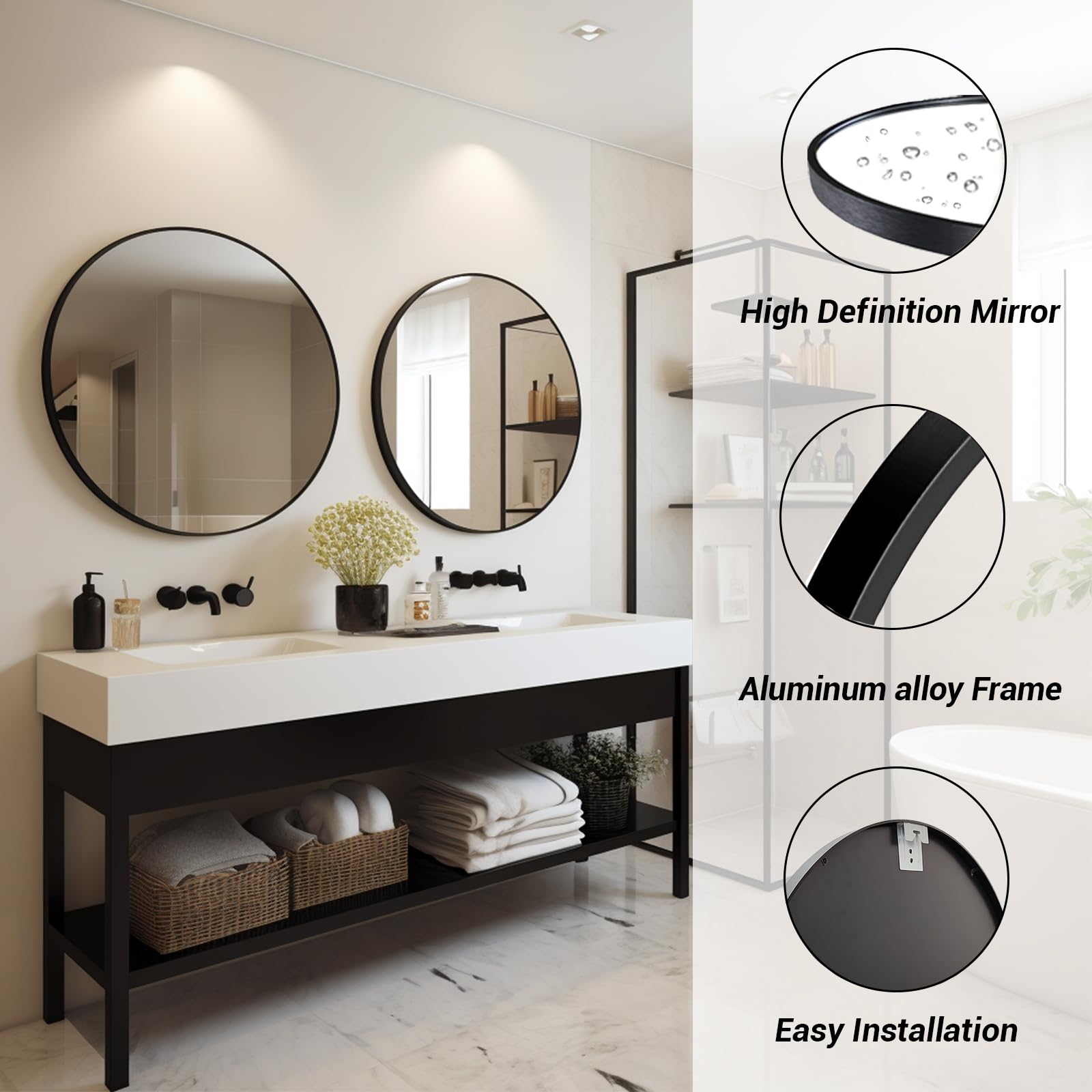 Sunniry round mirror with black frame adds minimalist elegance to any wall.