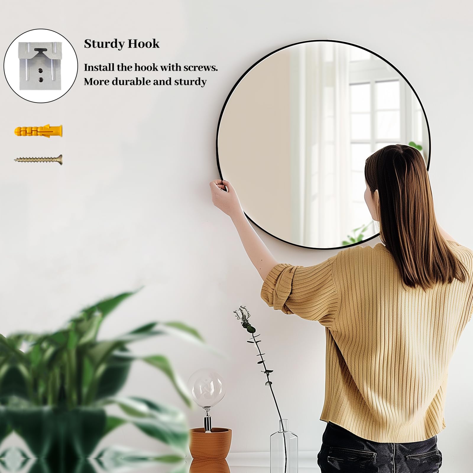 Sunniry round mirror highlights clean lines and versatile placement in rustic interiors.