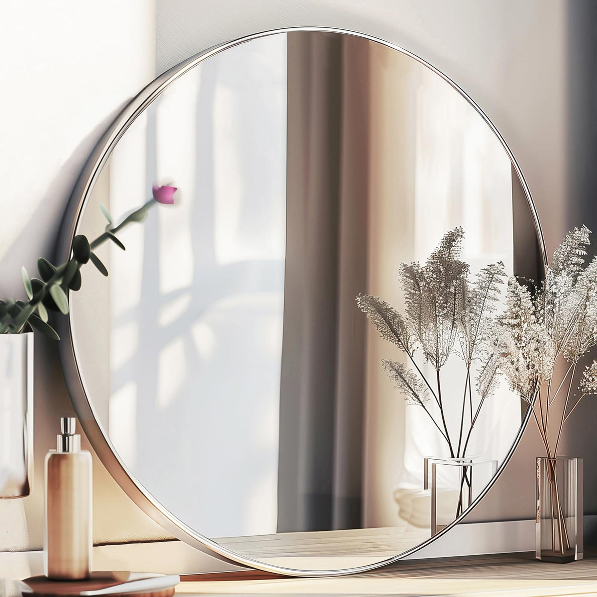 Sunniry silver round mirror 24-inch delivers crisp, natural reflections for any room