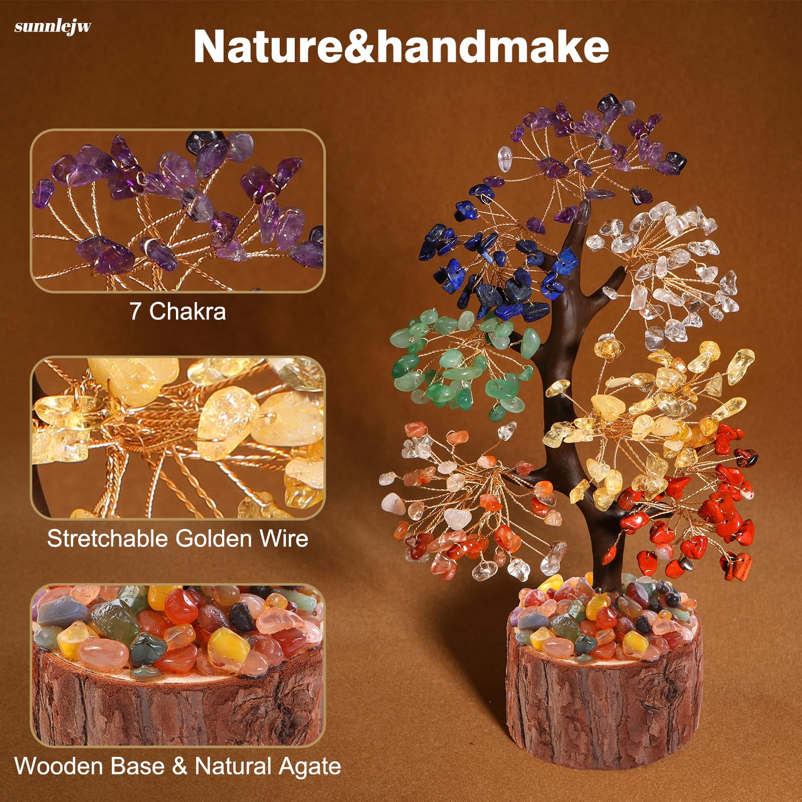 Sunnlejw 7 Chakra Crystal Tree crystals closeup, highlights seven gemstones and handcrafted details.