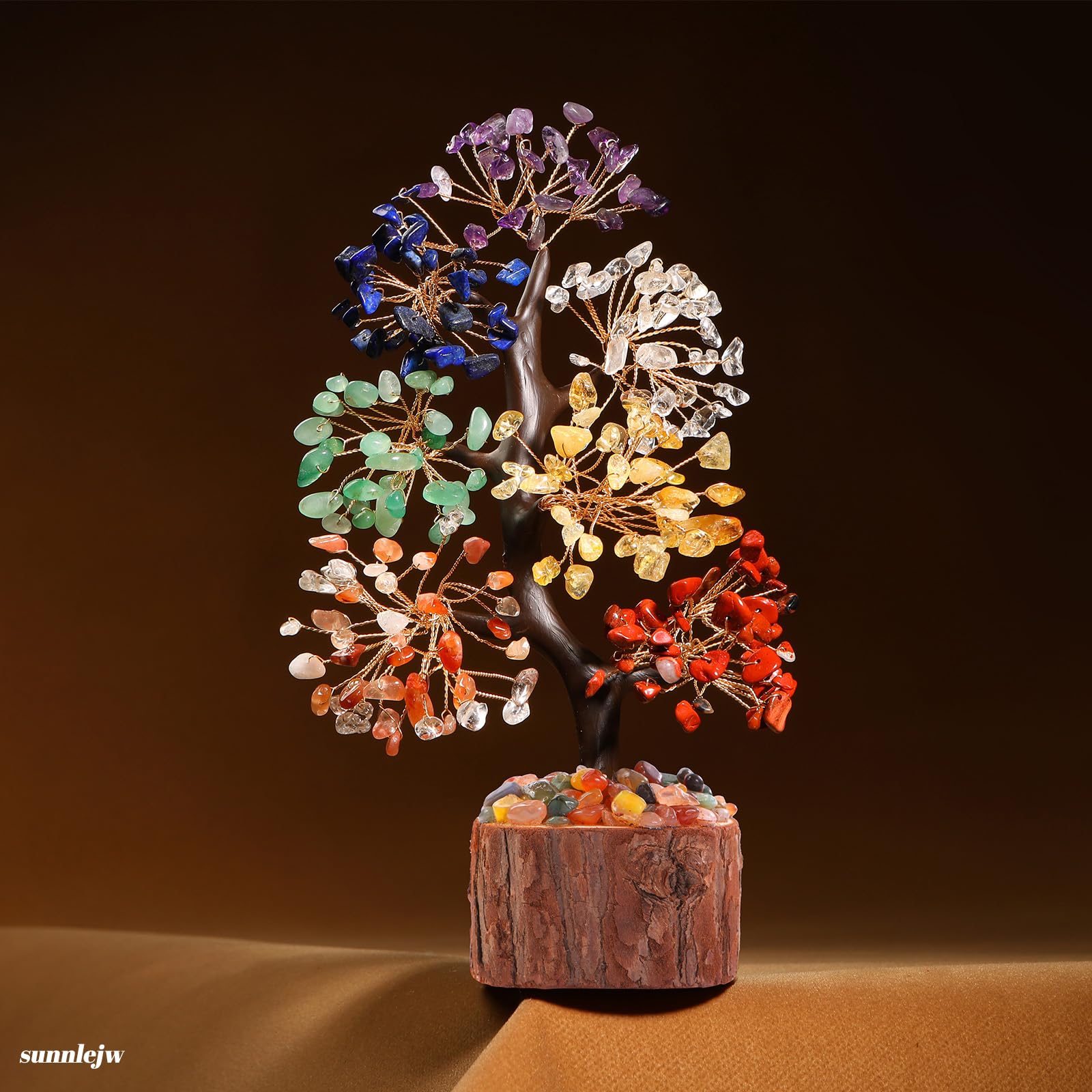 Sunnlejw 7 Chakra Crystal Tree front view, enhances meditation space with natural crystal energy.