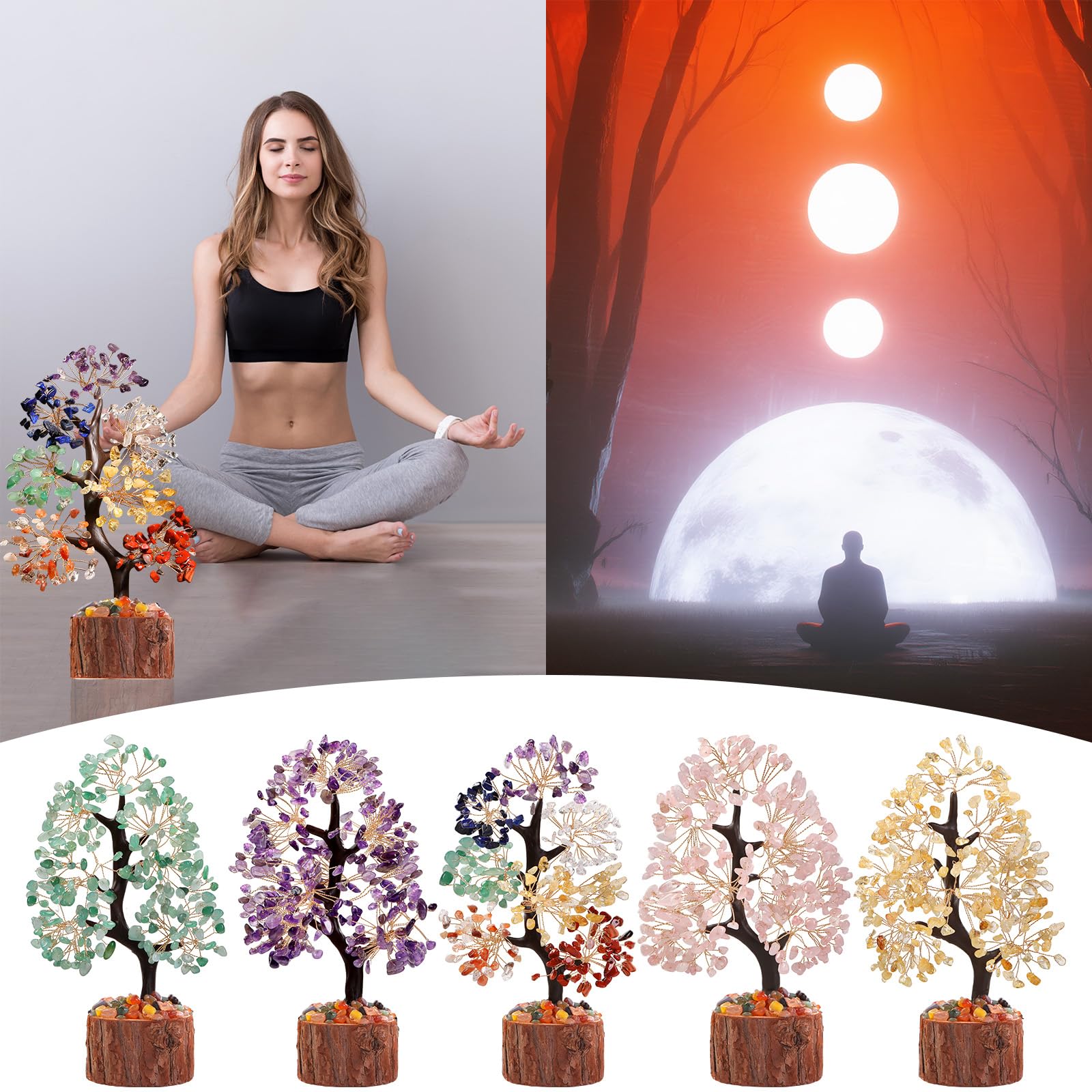 Sunnlejw 7 Chakra Crystal Tree wooden base, handcrafted clay trunk emphasizes natural materials.