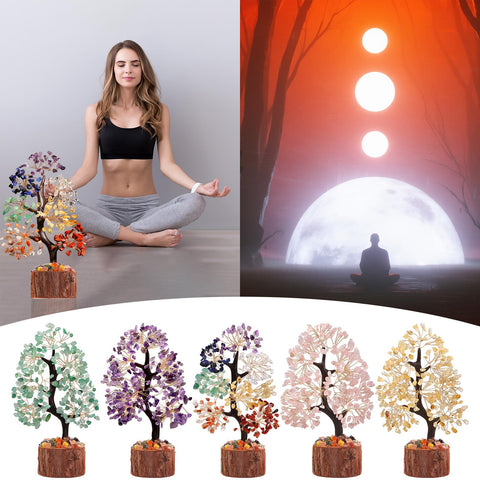 Sunnlejw 7 Chakra Crystal Tree wooden base, handcrafted clay trunk emphasizes natural materials.