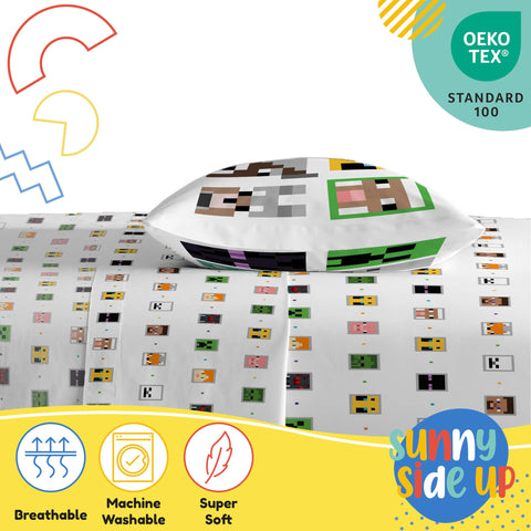 Sunny Side Up bedding layered on a kid's bed with bold colors