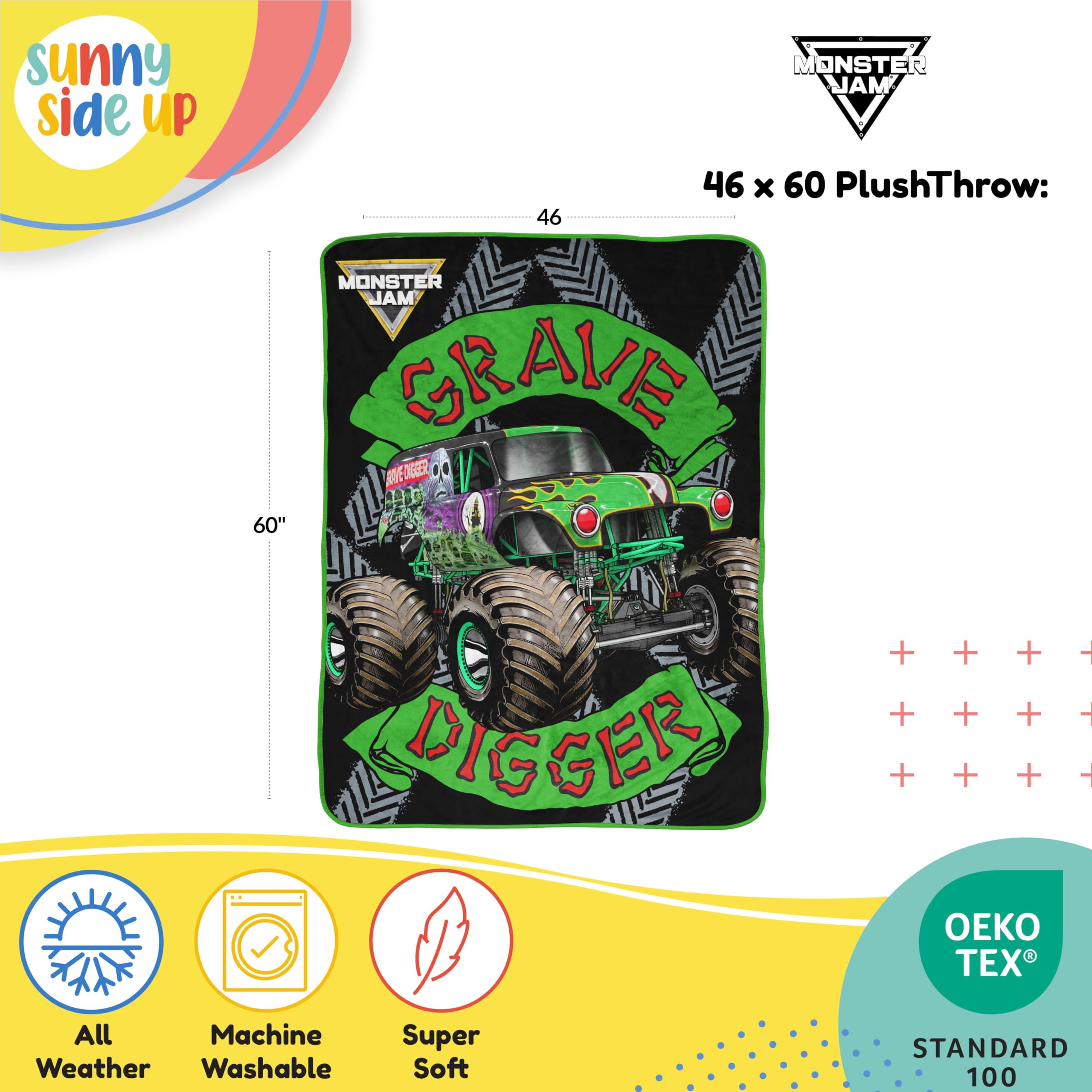 Sunny Side Up Monster Jam 46x60-inch throw on a bed