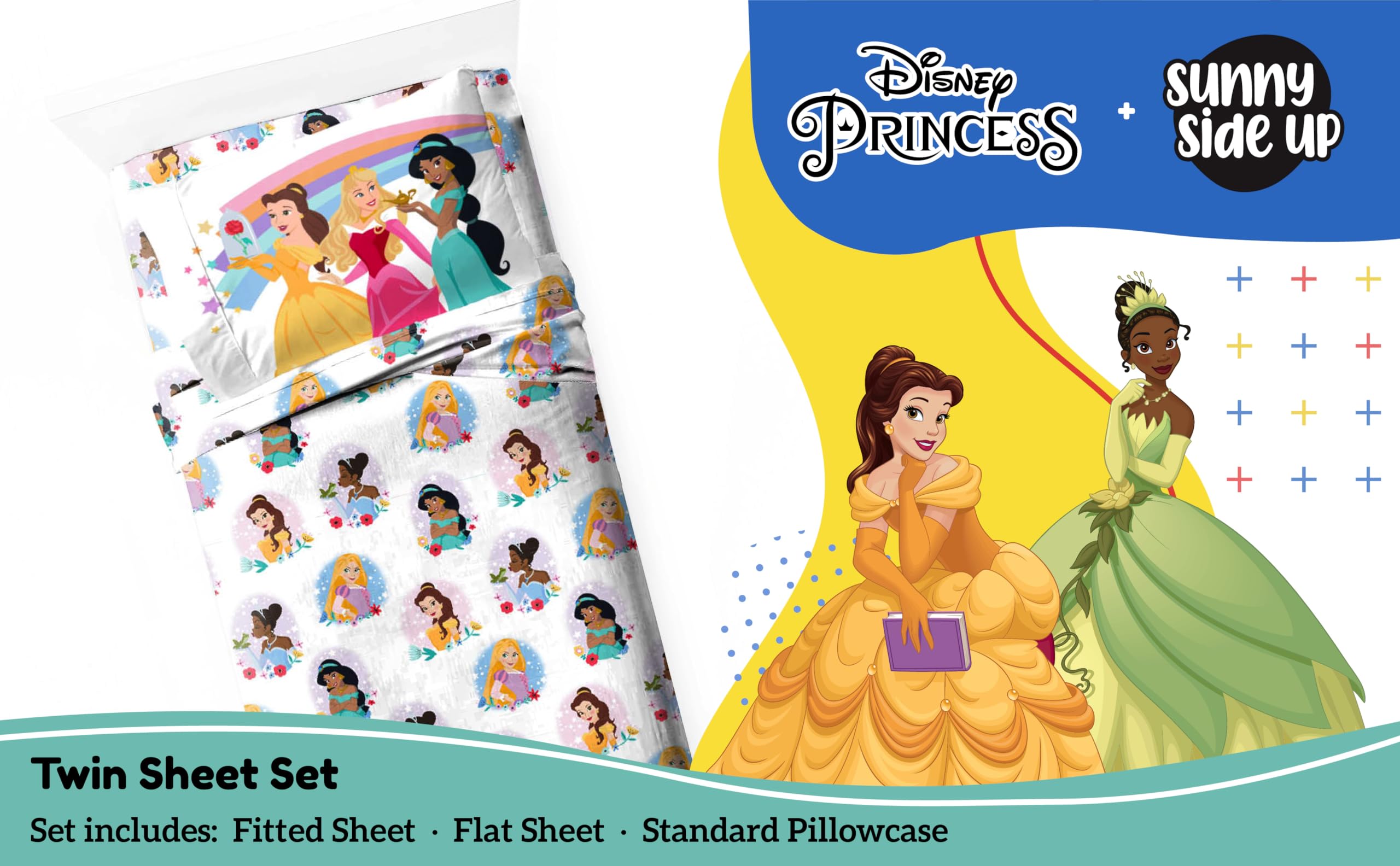 Sunny Side Up Disney Princess twin sheet Belle; soft microfiber for cozy sleep.