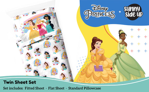 Sunny Side Up Disney Princess twin sheet Belle; soft microfiber for cozy sleep.