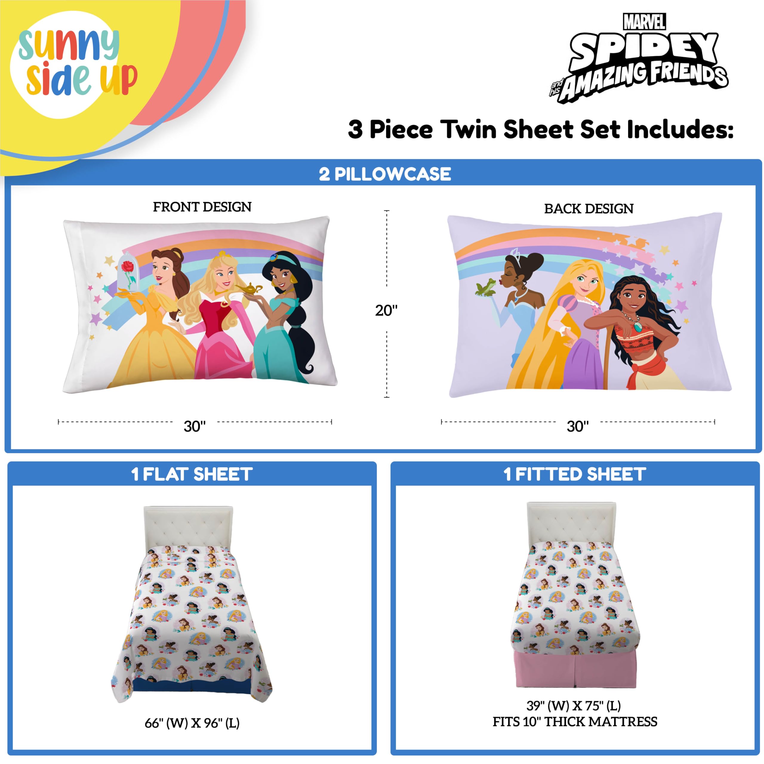 Sunny Side Up Disney Princess twin sheet Rapunzel; durable, easy-care fabric for busy mornings.