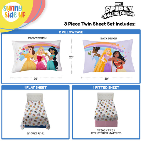Sunny Side Up Disney Princess twin sheet Rapunzel; durable, easy-care fabric for busy mornings.