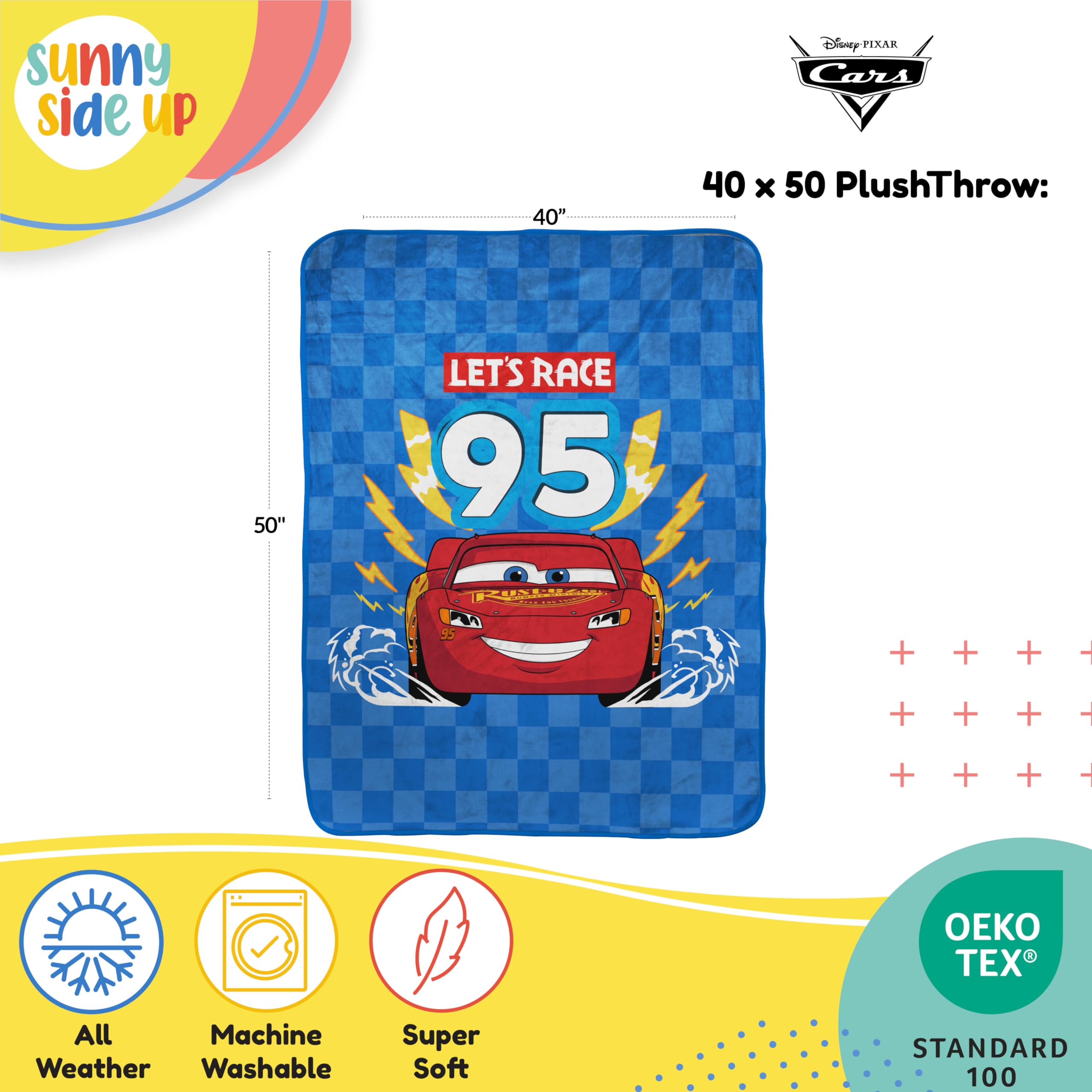 Sunny Side Up Lightning McQueen plush blanket offers cuddly comfort for kids.