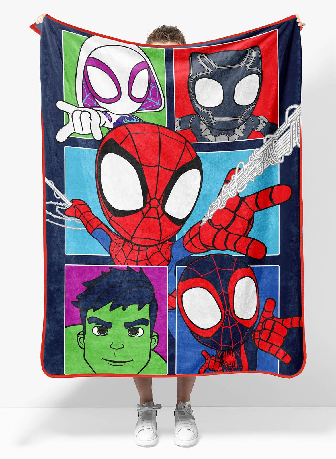 Sunny Side Up Marvel Spidey travel blanket front design for vivid, kid-friendly on-the-go warmth