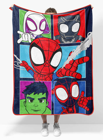 Sunny Side Up Marvel Spidey travel blanket front design for vivid, kid-friendly on-the-go warmth
