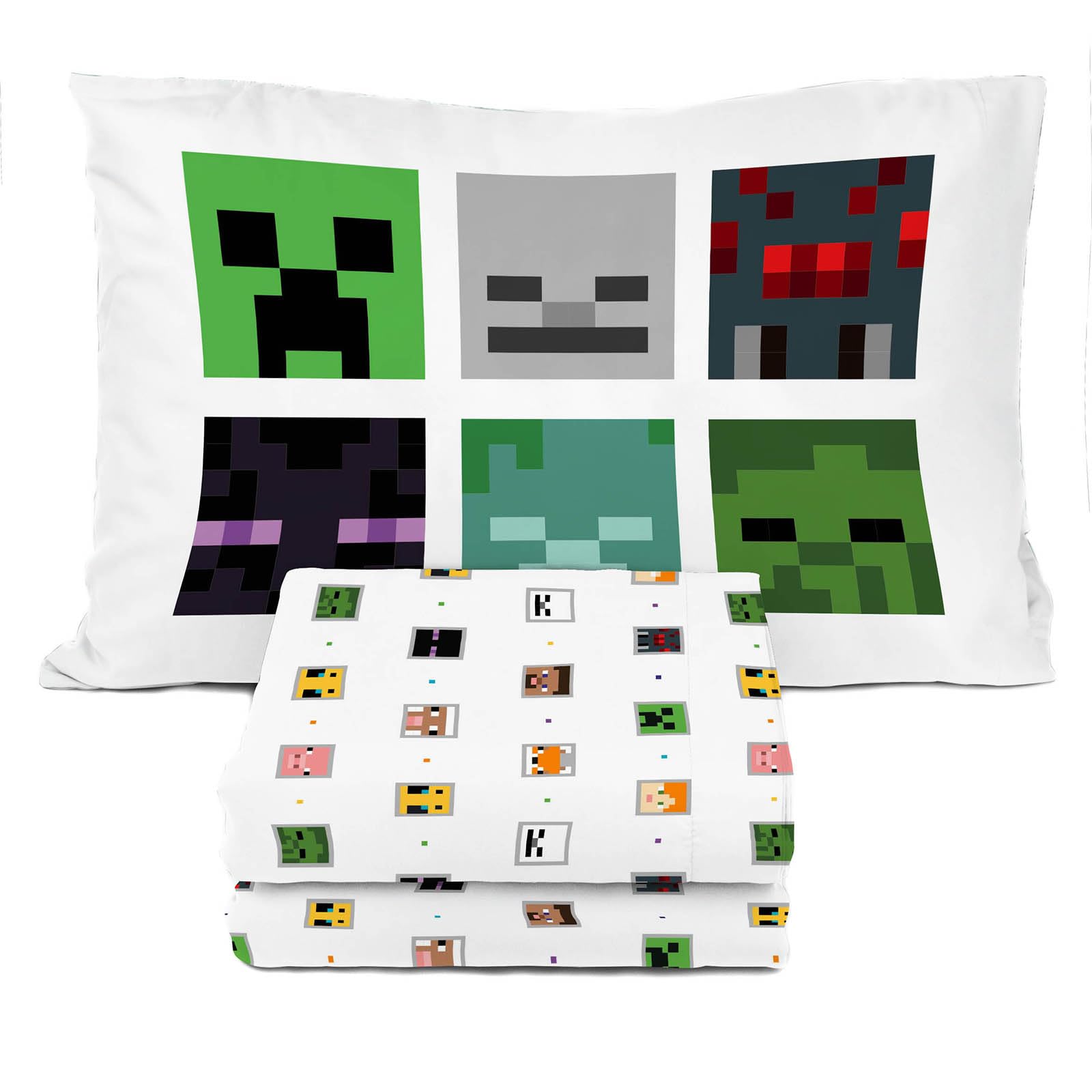 Sunny Side Up Minecraft Creeper and Animals twin sheet set on a bed for playful bedtime