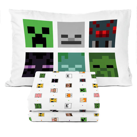 Sunny Side Up Minecraft Creeper and Animals twin sheet set on a bed for playful bedtime