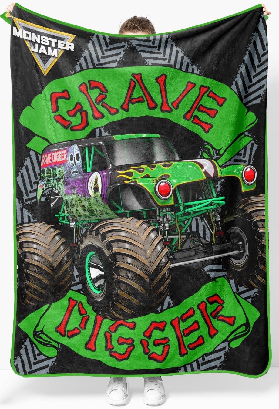 Sunny Side Up Monster Jam Grave Digger blanket shown for cozy bedtime use