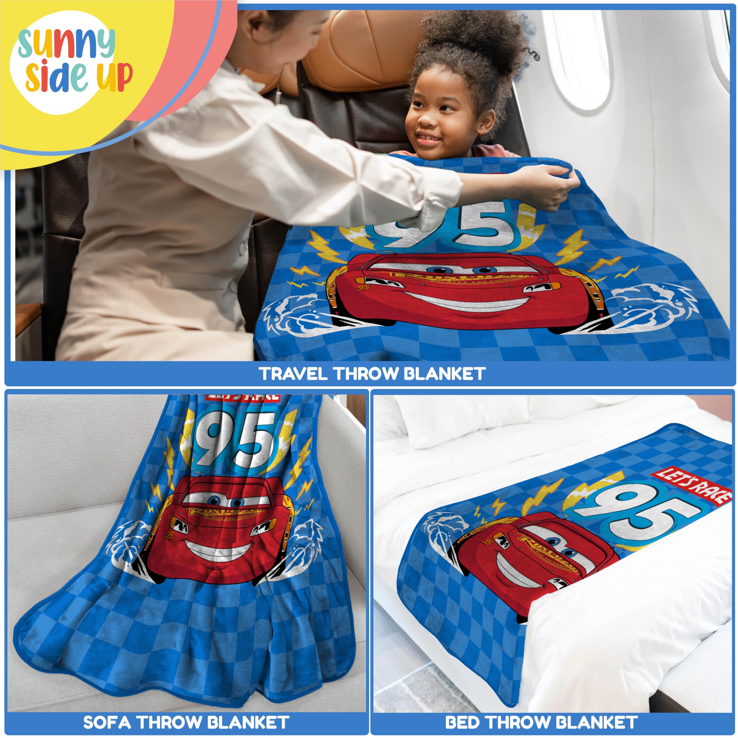 Sunny Side Up red racecar design blanket brightens travel moments.