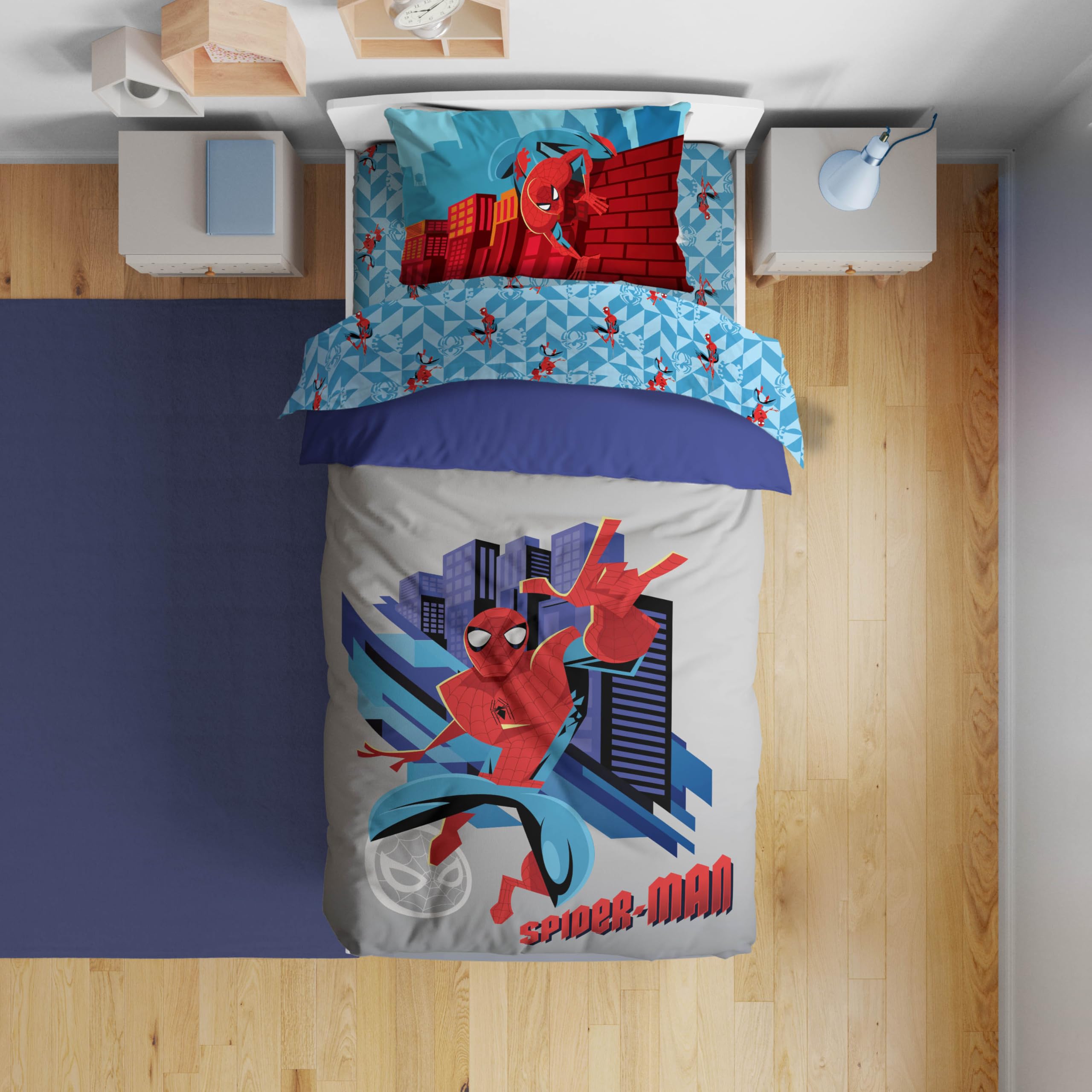Sunny Side Up Spiderman comforter set for toddler bed provides cozy, imaginative nights.