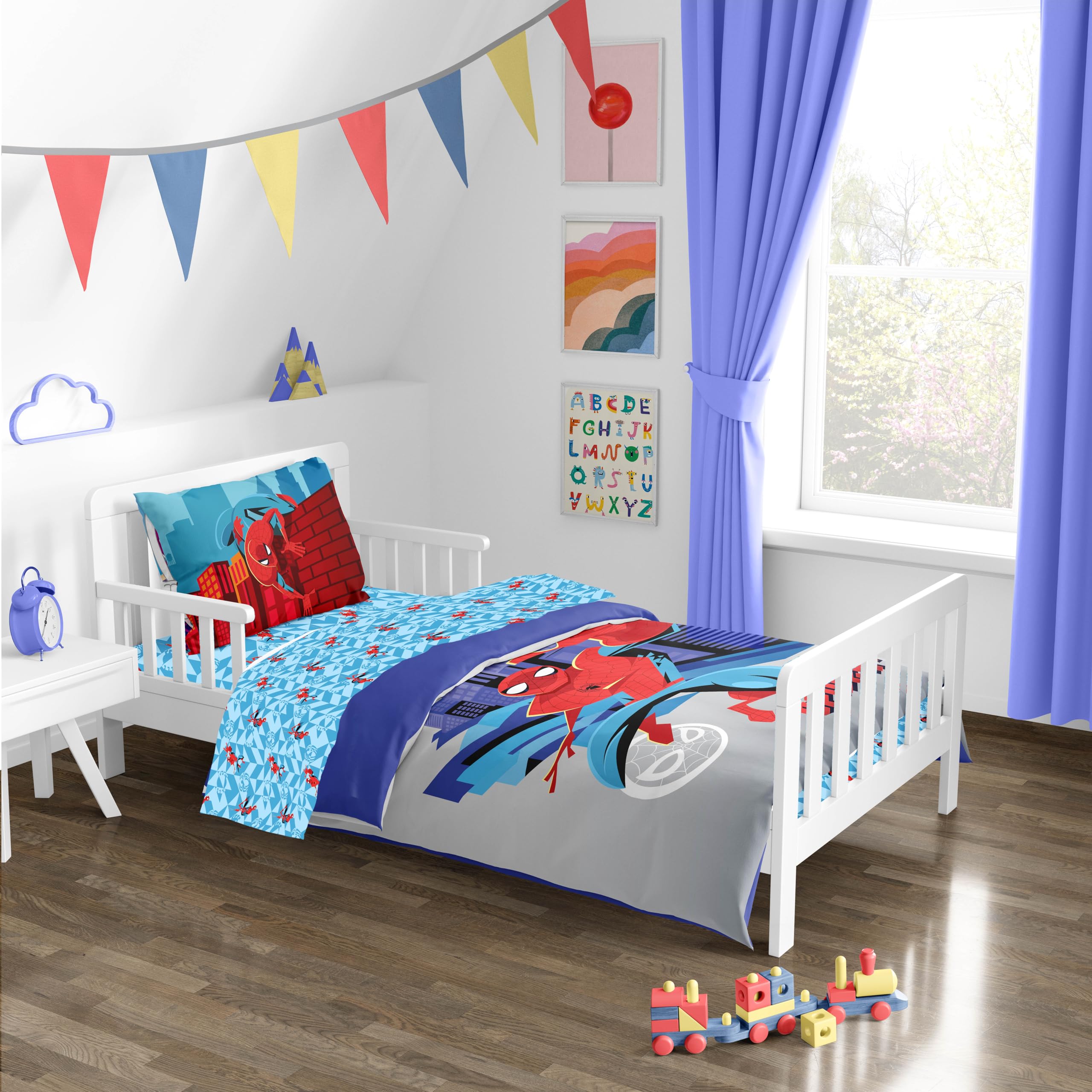 Sunny Side Up Spiderman fitted sheet for toddler bed with 10-inch pockets.