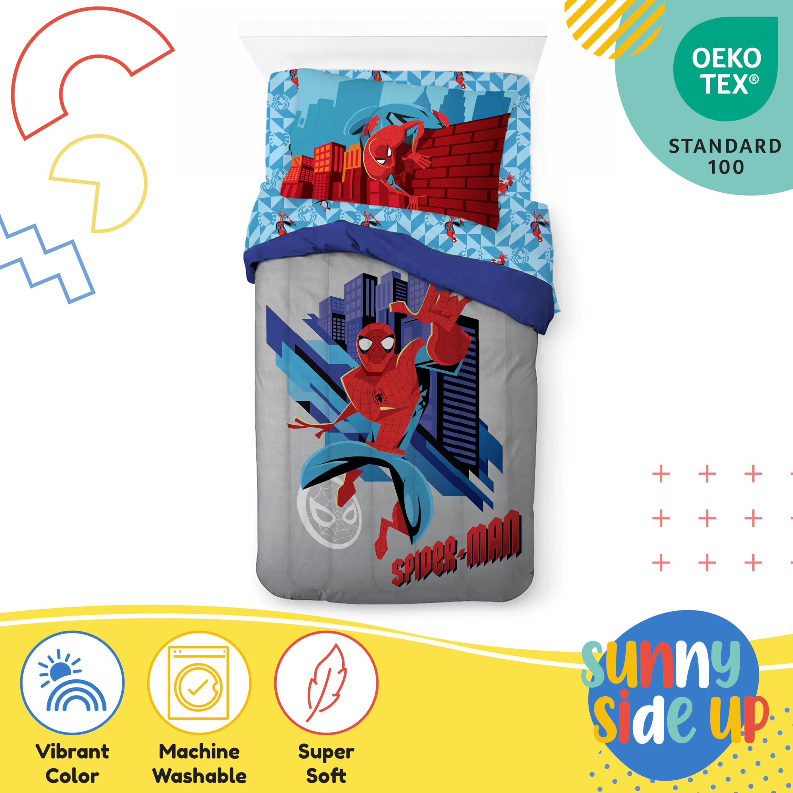 Sunny Side Up Spiderman twin bedding room setup in a kid-friendly space.