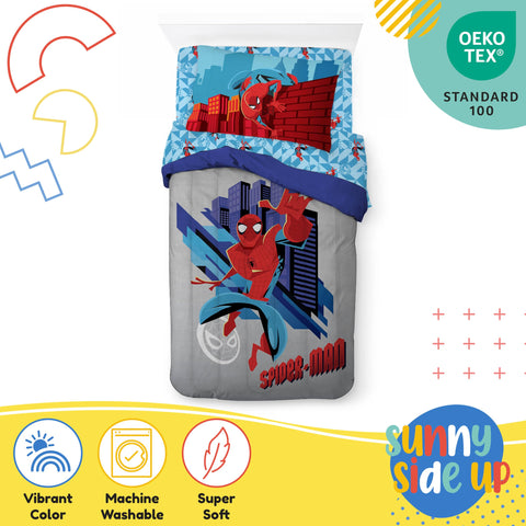 Sunny Side Up Spiderman twin bedding room setup in a kid-friendly space.