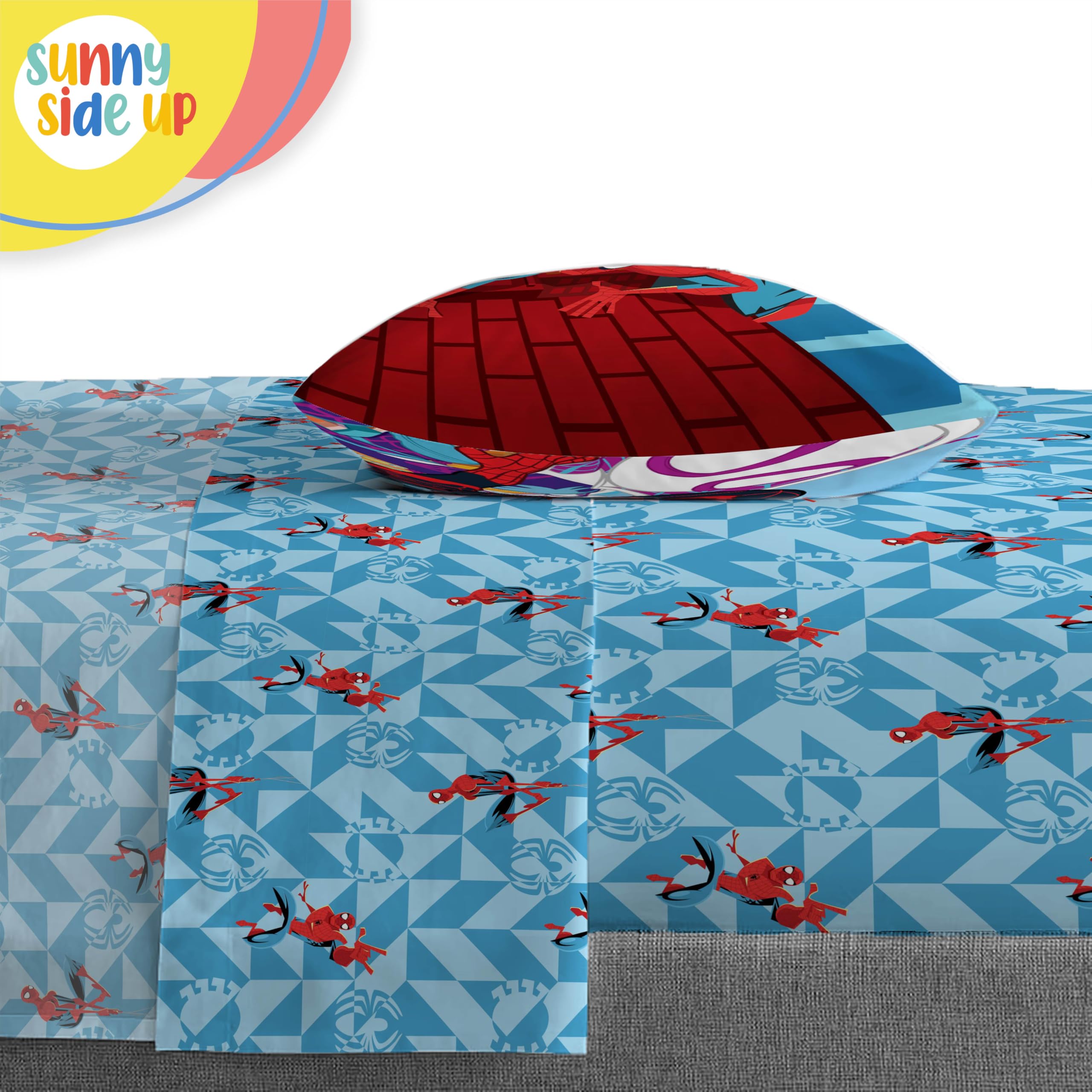 Sunny Side Up Spiderman twin fitted sheet pockets show secure 10 inch deep fit.