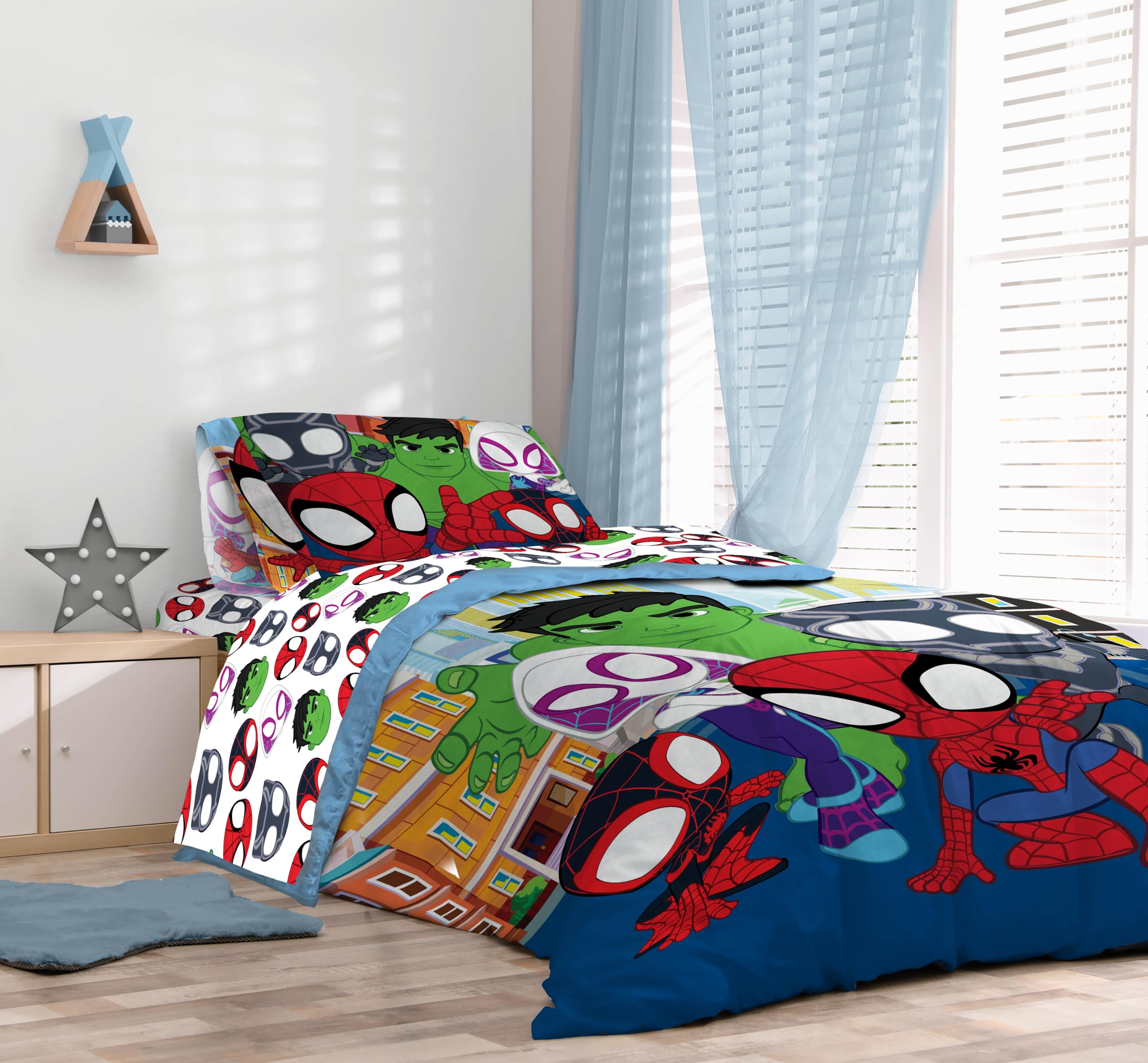 Sunny Side Up Spidey room scene showcases bold, kid-friendly decor.