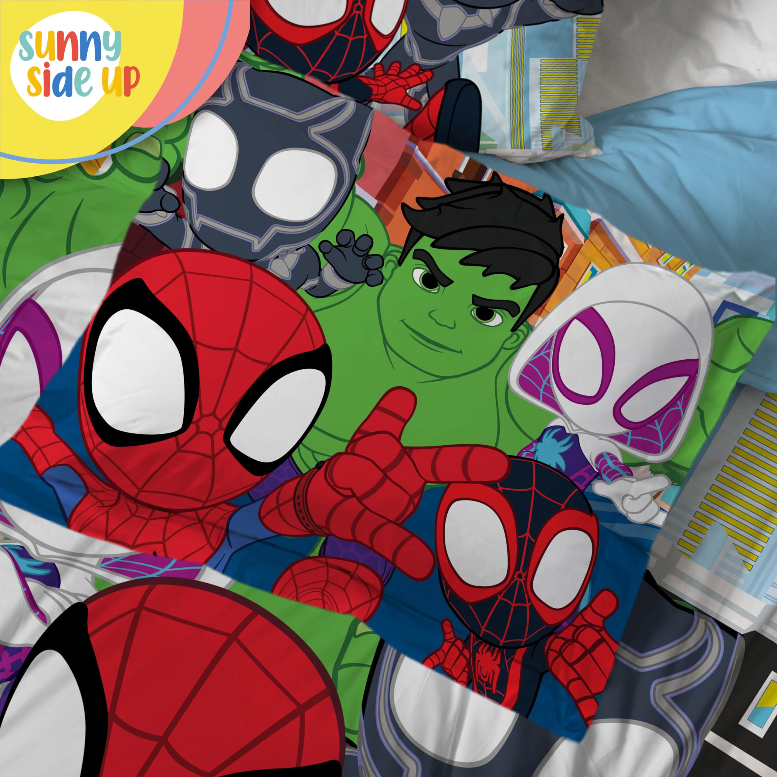 Sunny Side Up Marvel Spidey characters close-up highlights iconic heroes.