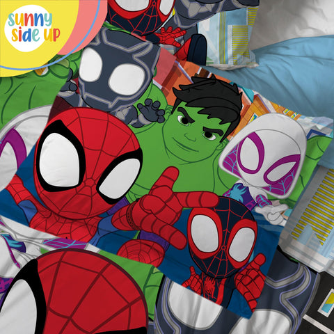 Sunny Side Up Marvel Spidey characters close-up highlights iconic heroes.