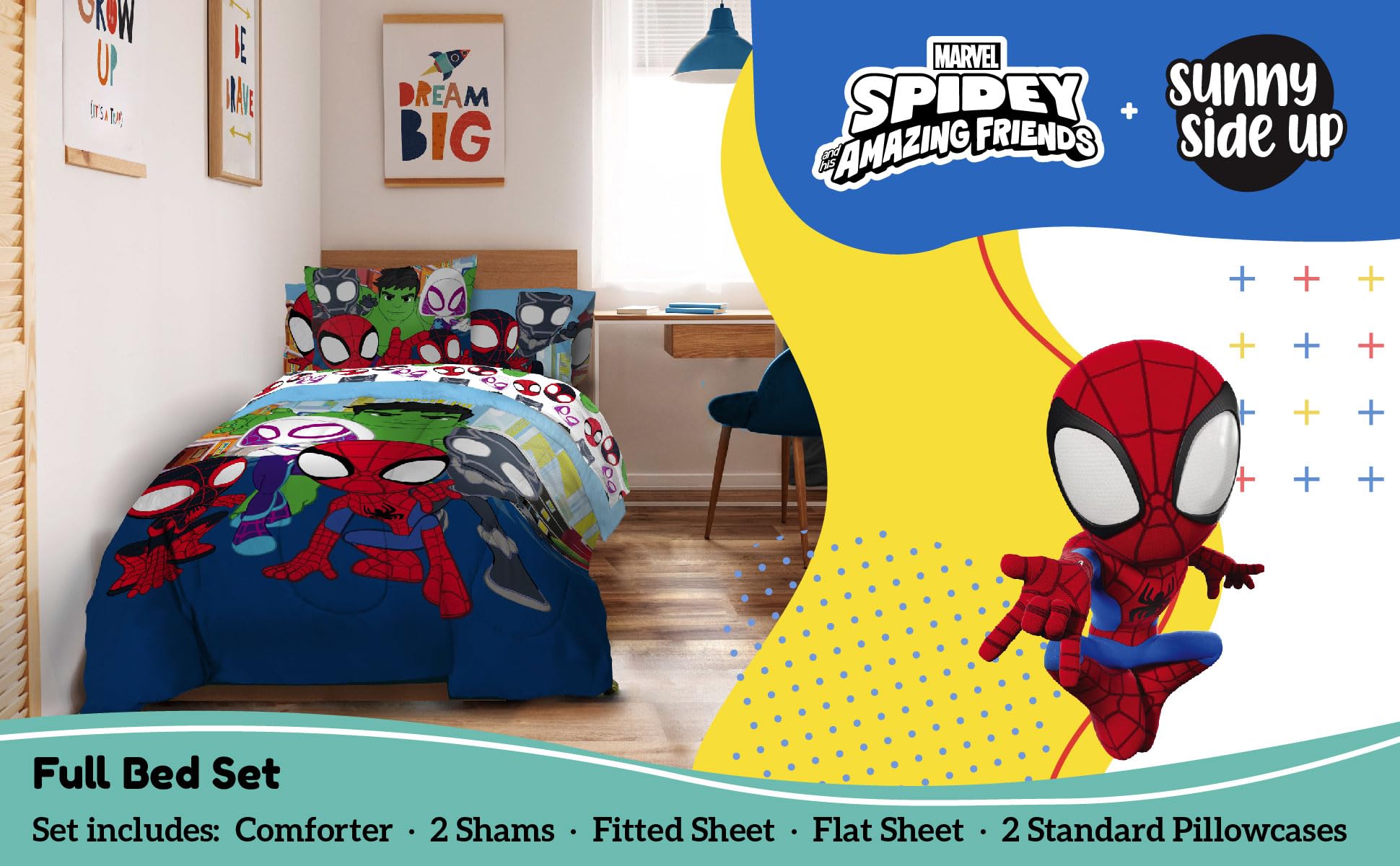 Sunny Side Up Spidey fitted sheet provides soft, breathable year-round comfort.