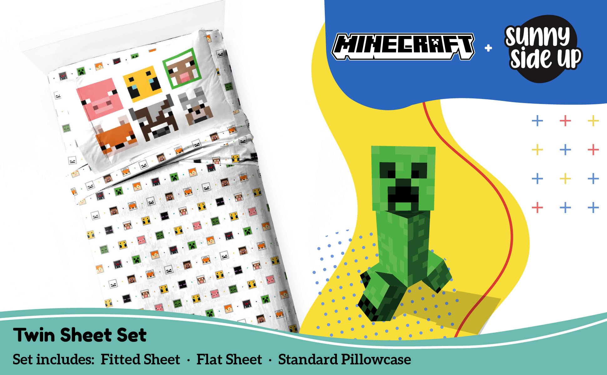 Sunny Side Up reversible pillowcase shows two sides for mixed Minecraft scenes