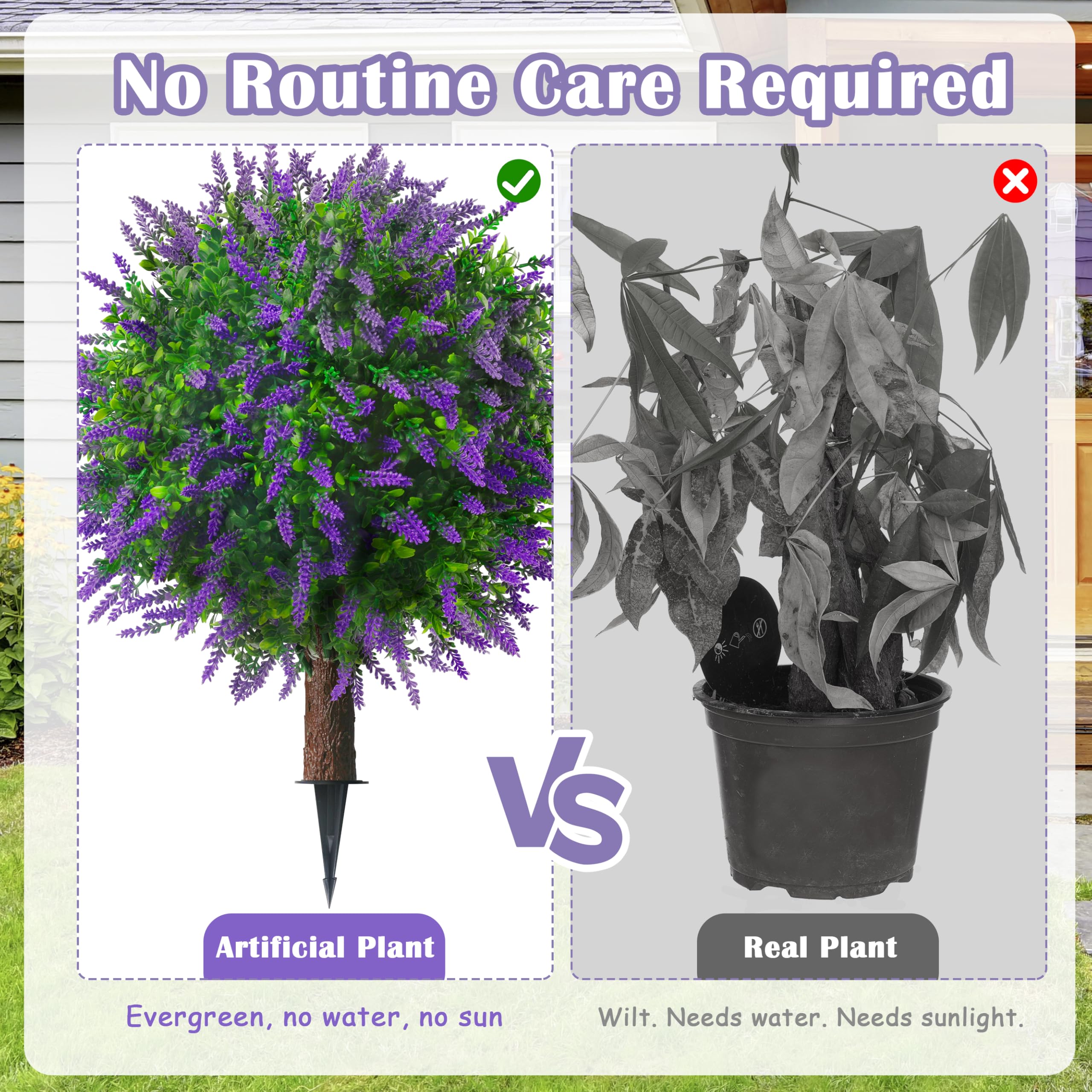 Sunnyglade lavender topiary UV resistant material resists fading outdoors.
