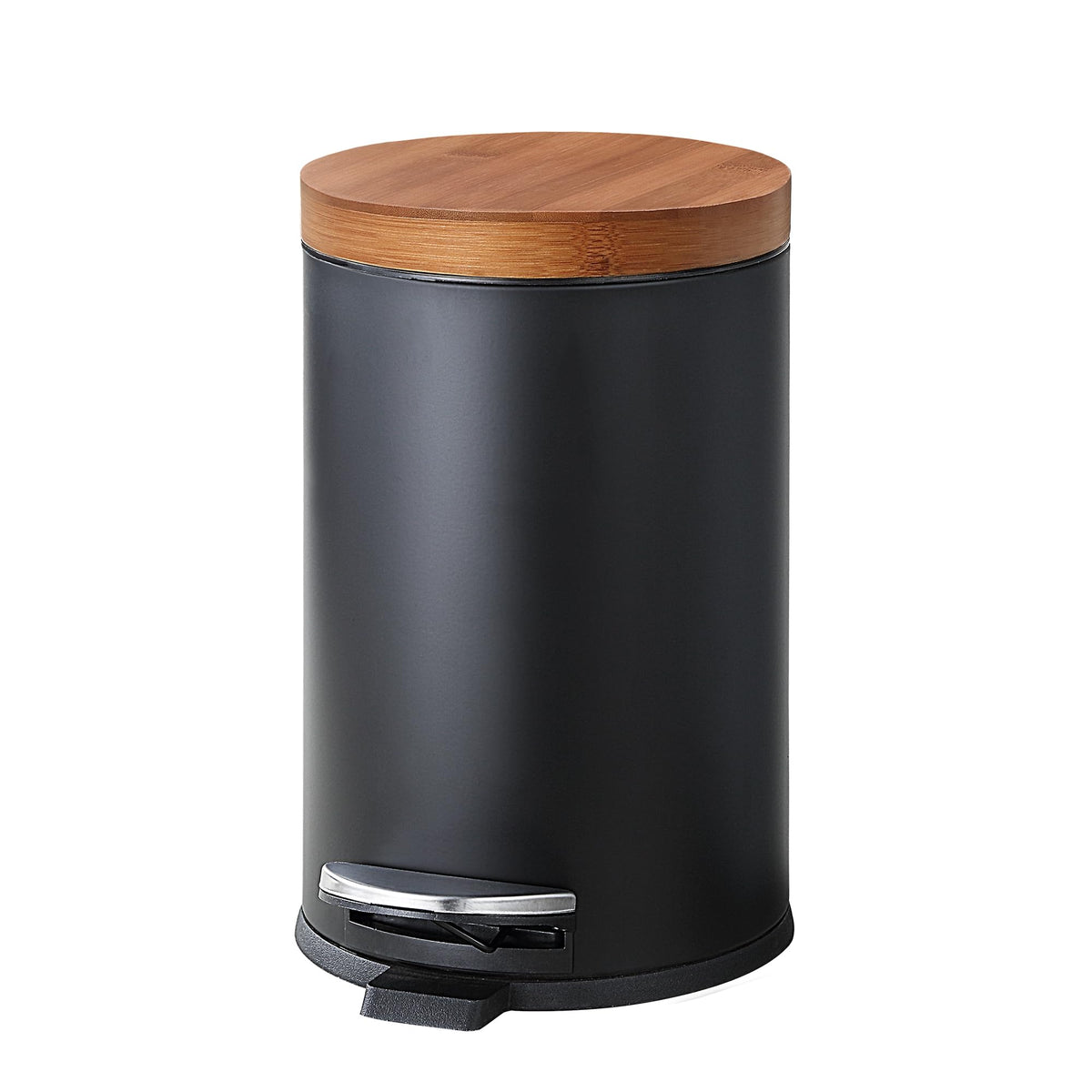 SunnyPoint Elite bamboo lid trash can with a round steel body for a stylish kitchen look.