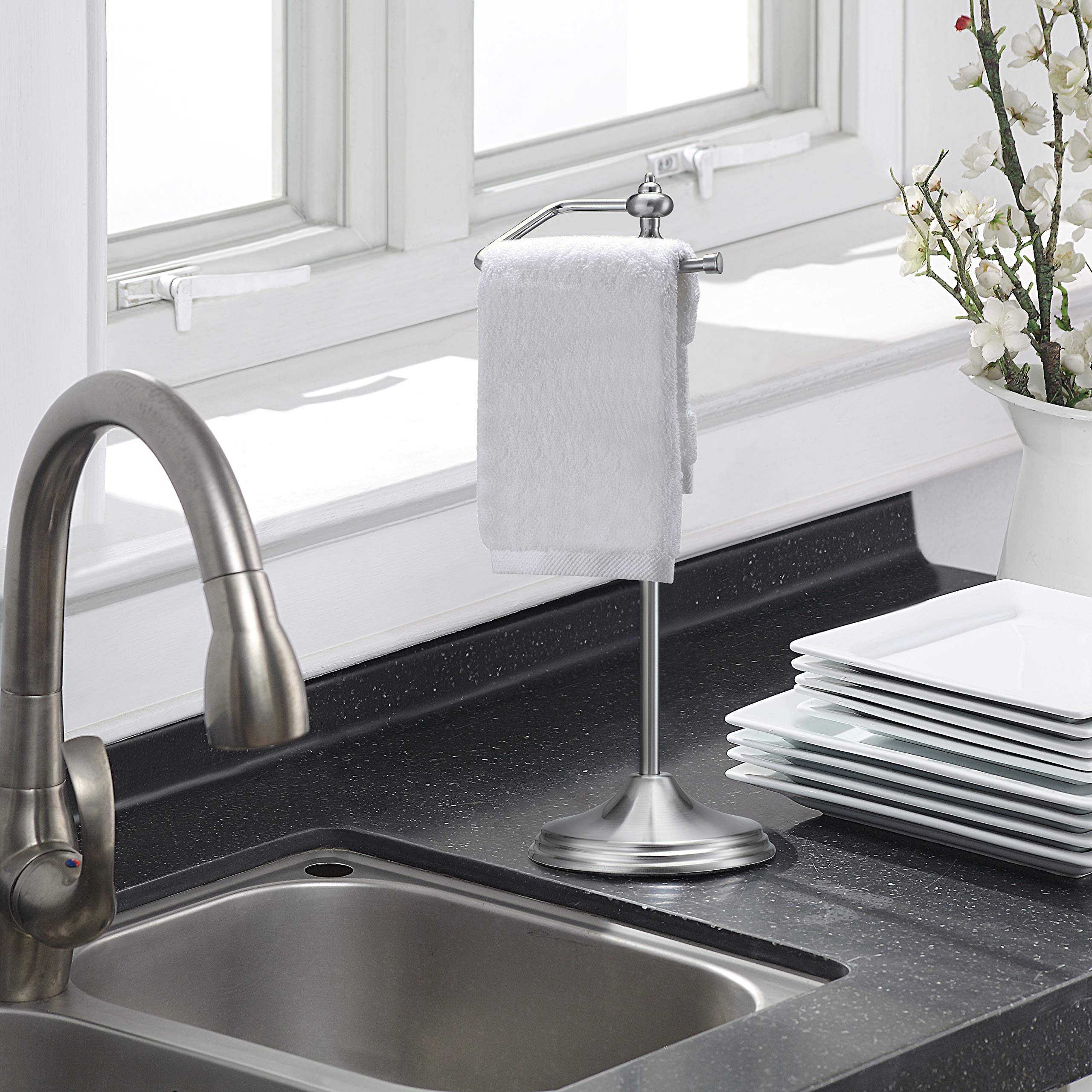 SunnyPoint satin nickel towel holder viewed from side shows sleek, durable design.