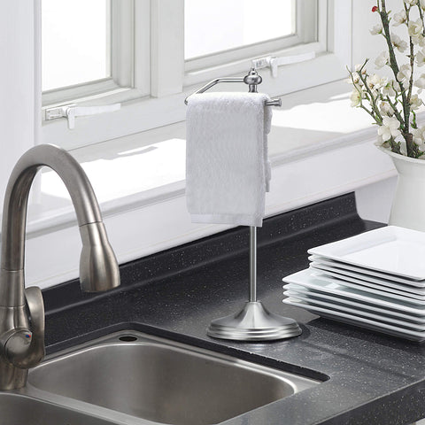 SunnyPoint satin nickel towel holder viewed from side shows sleek, durable design.