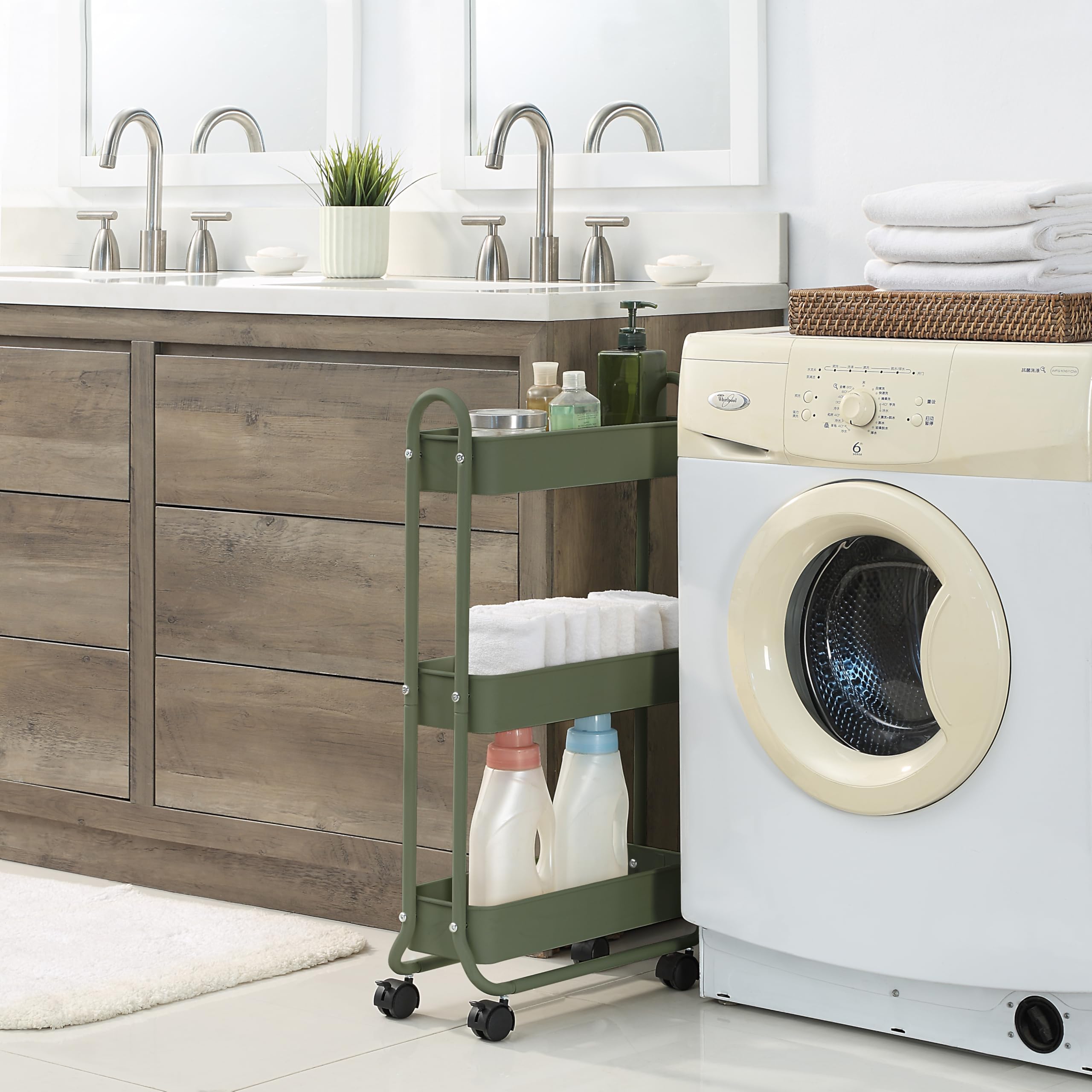 SunnyPoint Slim Rolling Cart in bathroom storage configuration highlights towels and cosmetics storage.