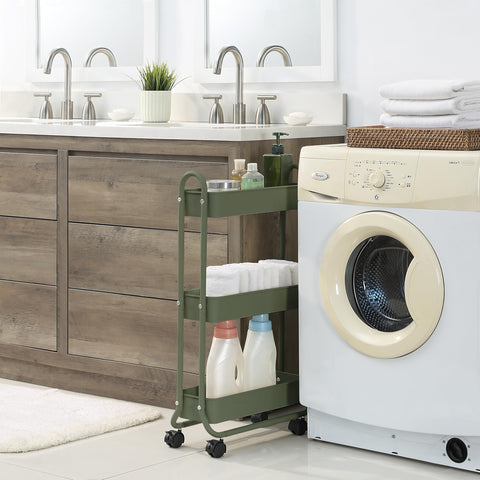 SunnyPoint Slim Rolling Cart in bathroom storage configuration highlights towels and cosmetics storage.