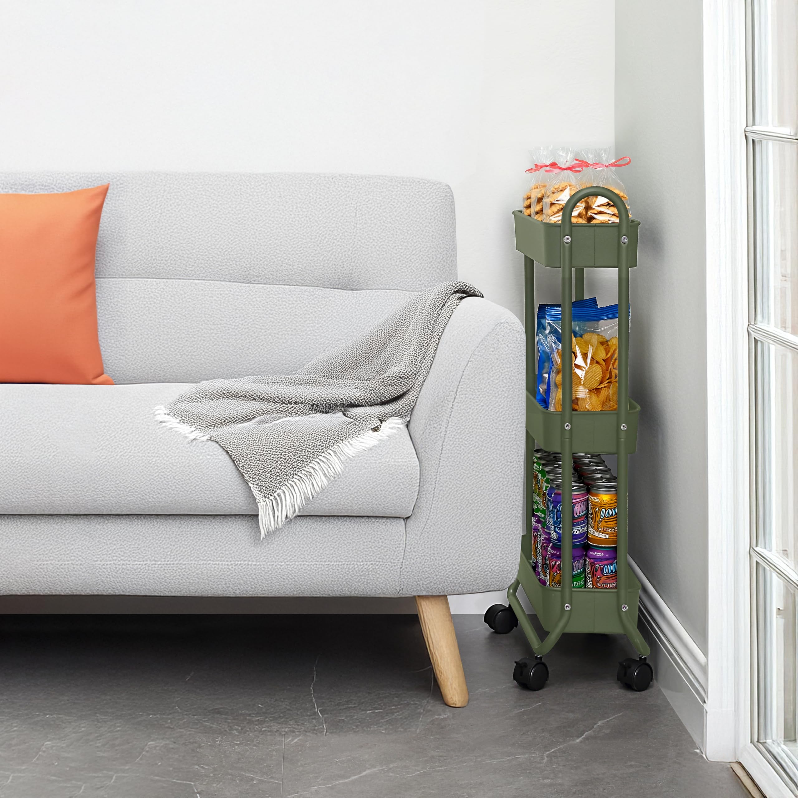 SunnyPoint Slim Rolling Cart in kitchen setup demonstrates versatile storage for pantry organization.