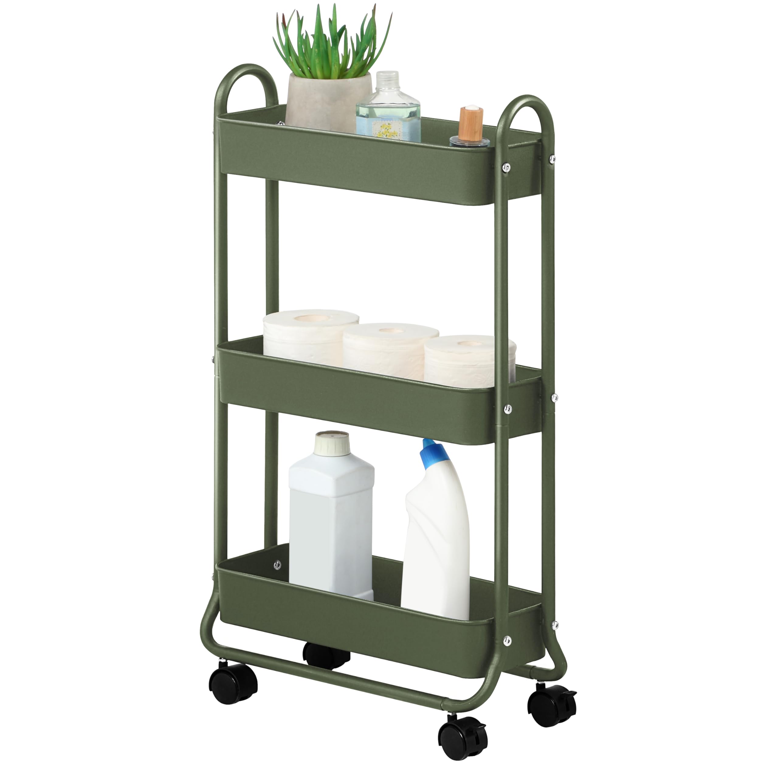 SunnyPoint Slim Rolling Cart side view showing compact 3-tier design for tight spaces.
